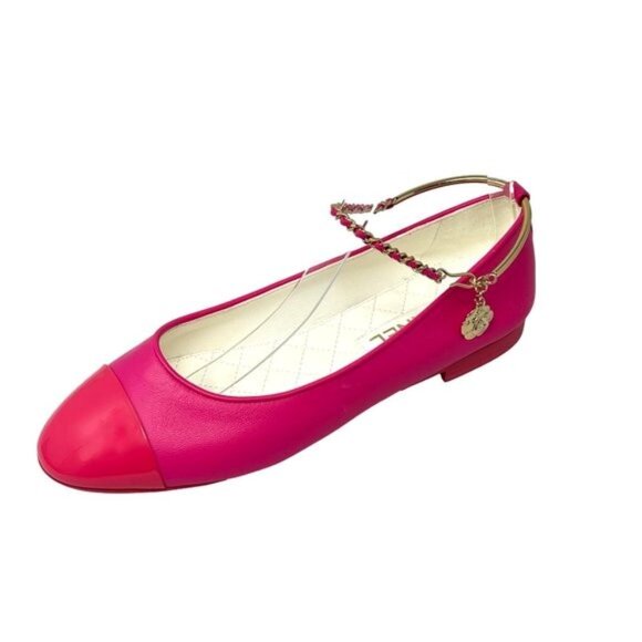 Chanel 2022 Hot Pink Calfskin Ankle Chain Ballet Flats - Picture 1 of 9